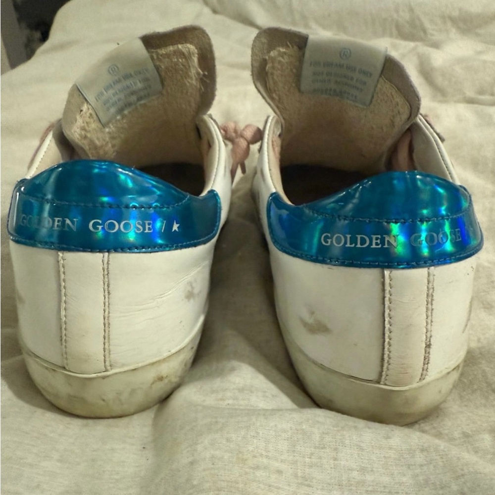 Golden Goose White Sneakers with Pink Laces, Silver Glitter & Blue Heel Tab - Picture 2 of 5